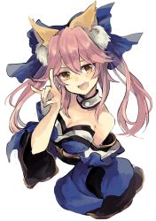 Rule 34 | 1girl, animal ears, bare shoulders, blue bow, bow, breasts, choker, cleavage, detached sleeves, fang, fate (series), hair between eyes, hair bow, highres, japanese clothes, kimono, long hair, long sleeves, looking at viewer, medium breasts, mitu-yuki, open mouth, pink hair, sash, simple background, smile, tamamo (fate), tamamo no mae (fate/extra), twintails, upper body, white background, wide sleeves