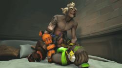 Rule 34 | 2boys, abs, anal, animated, animated gif, bed, dark skin, erection, glasses, happy sex, interracial, junkrat (overwatch), lucio (overwatch), lying, male focus, male penetrated, multiple boys, muscular, naughty face, overwatch, overwatch 1, penis, sex, sitting, sitting on person, source filmmaker (medium), tattoo, testicles, yaoi