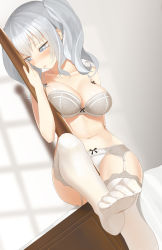 Rule 34 | 10s, 1girl, bed, bedroom, blurry, blush, bow, bow bra, bow panties, bra, breasts, cleavage, collarbone, depth of field, dutch angle, embarrassed, eyebrows, feet, garter belt, grey eyes, grey hair, hair between eyes, highres, hip bones, holding, indoors, kantai collection, kashima (kancolle), lace, lace-trimmed legwear, lace bra, lace trim, large breasts, leg up, long hair, looking away, navel, no shoes, on bed, panties, shiny skin, sidelocks, sitting, soles, solo, stomach, thighhighs, throtem, toes, twintails, underwear, underwear only, white panties