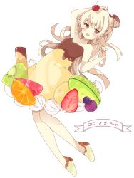 Rule 34 | 1girl, :d, absurdres, arm up, bare shoulders, blonde hair, brown dress, brown eyes, brown footwear, commentary, dress, food, fruit, full body, hair bun, hand up, high heels, highres, kiwi (fruit), kiwi slice, long hair, open mouth, original, personification, pudding, shoes, short eyebrows, simple background, smile, solo, strapless, strapless dress, strawberry, symbol-only commentary, thick eyebrows, translation request, tsukiyo (skymint), very long hair, white background
