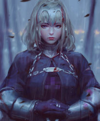 Rule 34 | 1girl, arm guards, armor, black gloves, blonde hair, blood, blood on clothes, blurry, blurry background, chain, closed mouth, collar, cross, fate/apocrypha, fate/grand order, fate (series), gloves, guweiz, headpiece, jeanne d&#039;arc (fate), jeanne d&#039;arc (ruler) (fate), jewelry, looking at viewer, own hands together, pink lips, portrait, purple eyes, rain, realistic, ring, serious, short hair, solo, torn clothes, upper body, water, yellow eyes