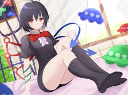 Rule 34 | 1girl, absurdres, anima miko, asymmetrical wings, black dress, black hair, black thighhighs, blue wings, bow, bowtie, breasts, buttons, center frills, dress, foreshortening, frilled dress, frills, highres, houjuu nue, looking at viewer, pointy ears, red bow, red bowtie, red eyes, red wings, short dress, short hair, short sleeves, snake, solo, thighhighs, tomoe (symbol), touhou, ufo, wings