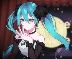 Rule 34 | 1girl, black choker, black ribbon, blue eyes, blue hair, blue nails, blurry, blurry background, breasts, choker, closed mouth, curtains, depth of field, dress, eyebrows hidden by hair, fingernails, gimmexgimme (vocaloid), hair between eyes, hair ribbon, hands up, hatsune miku, lam (ramdayo), long sleeves, looking at viewer, nail polish, off-shoulder dress, off shoulder, ribbon, small breasts, solo, steepled fingers, twintails, upper body, vocaloid, white dress