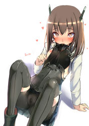 Rule 34 | 10s, 1girl, akasaai, bike shorts, blush, brown eyes, brown hair, cameltoe, flat chest, headband, headgear, heart, highres, kantai collection, pussy, looking at viewer, nipple slip, nipples, no panties, personification, pleated skirt, short hair, skirt, solo, taihou (kancolle), thighhighs