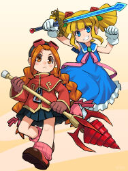 Rule 34 | 2girls, :&lt;, blonde hair, blue dress, blue eyes, blush, braid, dress, drill, full body, gloves, gurumin, holding, holding sword, holding weapon, jacket, long hair, multiple girls, orange eyes, orange hair, parin, popon (gurumin), skirt, smile, stupa13a, sword, twin braids, weapon