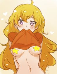 Rule 34 | 1girl, ahoge, bad id, bad twitter id, beige background, blonde hair, blush, breasts, clothes in mouth, clothes lift, covered erect nipples, gradient background, heart, long hair, looking at viewer, mouth hold, navel, orange shirt, pasties, purple eyes, rwby, shirt, shirt in mouth, shirt lift, smile, solo, star (symbol), star pasties, tusia, wavy hair, yang xiao long, yellow background