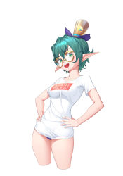 Rule 34 | 1girl, :d, absurdres, bare legs, breasts, clothes writing, cropped legs, finaru-dorim, glasses, green eyes, hair between eyes, hands on own hips, hat, highres, medium breasts, mini hat, mini top hat, open mouth, pandoria (xenoblade), panties, pointy ears, purple panties, round eyewear, shirt, short hair, simple background, smile, solo, sugoi dekai, t-shirt, top hat, underwear, white background, white shirt, xenoblade chronicles (series), xenoblade chronicles 2
