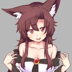 Rule 34 | 1girl, animal ear fluff, animal ears, blush, breasts, brooch, brown eyes, brown hair, collarbone, commentary, dress, grey background, imaizumi kagerou, jewelry, long hair, looking at viewer, medium breasts, off-shoulder dress, off shoulder, open mouth, sidelocks, simple background, solo, touhou, wolf ears, wool (miwol)