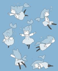 Rule 34 | 1girl, animal ears, black pantyhose, blue background, blue dress, blue hair, blue theme, bubble, buttons, cat ears, closed mouth, diode (0 division), dress, fins, full body, highres, limited palette, long hair, long sleeves, lying, multiple views, open mouth, original, pantyhose, simple background, sitting, standing, standing on one leg, swimming, underwater, | |