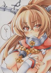 Rule 34 | 10s, 1girl, blush, breasts, brown hair, cleavage, colored pencil (medium), covering privates, covering breasts, hair intakes, headgear, kantai collection, large breasts, long hair, looking at viewer, marker (medium), millipen (medium), ponytail, red eyes, simple background, slit pupils, solo, tears, torn clothes, traditional media, white background, yamato (kancolle), yutakasan-love