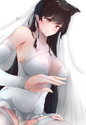 Rule 34 | 1girl, animal ears, atago (azur lane), atago (lily-white vow) (azur lane), atago (lily-white vow) (azur lane), azur lane, black hair, breasts, bridal gauntlets, bridal legwear, bridal lingerie, bridal veil, bride, brown hair, cleavage, closed mouth, commentary request, covered erect nipples, dermar, garter straps, hair ornament, highres, lap pillow invitation, large breasts, lingerie, long hair, open clothes, panties, sideboob, signature, simple background, smile, solo, underwear, veil, white background, white legwear, white panties