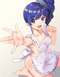 Rule 34 | 10s, 1girl, :d, aikatsu!, aikatsu! (series), apron, bad id, bad twitter id, barefoot, blue eyes, blue hair, breasts, covered navel, foreshortening, gradient background, kiriya aoi, looking at viewer, looking up, matching hair/eyes, medium breasts, naked apron, open mouth, outstretched arm, outstretched hand, shovelwall, shovelwell, side ponytail, sideboob, simple background, sitting, smile, solo, wariza