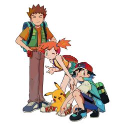 Rule 34 | 1girl, 2boys, ash ketchum, breasts, brock (pokemon), brown hair, commentary request, creatures (company), game freak, gen 1 pokemon, highres, leaning forward, looking at viewer, misty (pokemon), multiple boys, navel, nintendo, one eye closed, orange hair, pikachu, pokemon, pokemon (anime), pokemon (creature), pokemon journeys, shoes, short hair, shorts, side ponytail, small breasts, smile, sneakers, spiked hair, suspenders, umebosibakari2, w, white background