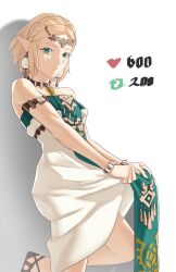 1girl absurdres against_wall armband bare_arms bare_shoulders blonde_hair braid breasts clothes_lift collarbone dress dress_lift earrings green_eyes highres jewelry leg_up lifting_own_clothes looking_at_viewer medium_breasts meme necklace nintendo pelvic_curtain pelvic_curtain_lift pointy_ears pomelomelon princess_zelda secret_stone short_hair solo standing strapless strapless_dress the_legend_of_zelda the_legend_of_zelda:_tears_of_the_kingdom twitter_strip_game_(meme) white_background