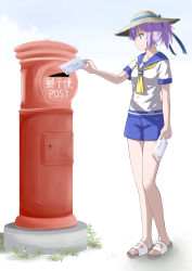 Rule 34 | 1girl, absurdres, aoba (kancolle), blue eyes, blue sailor collar, blue scrunchie, blue shorts, envelope, full body, hat, highres, japanese cylindrical postbox, japanese postal mark, kantai collection, neckerchief, ponytail, postbox (outgoing mail), purple hair, sailor collar, sandals, school uniform, scrunchie, serafuku, shochuumimai, shorts, simple background, solo, sosser, straw hat, white background, yellow neckerchief