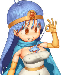 Rule 34 | 1girl, bad id, bad pixiv id, between breasts, blue hair, breasts, cape, chunsoft, circlet, covered erect nipples, crown, dragon quest, dragon quest iii, dress, elbow gloves, enix, gloves, hat, long hair, maagori, medium breasts, sage (dq3), slime (creature), slime (dragon quest), solo, square enix, yellow eyes