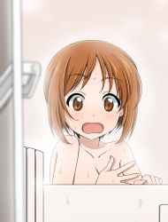 Rule 34 | 10s, 1girl, bath, blurry, blurry foreground, blush, breasts, brown eyes, brown hair, cleavage, commentary, depth of field, doorway, frown, girls und panzer, looking at viewer, medium breasts, nishizumi miho, nude, open mouth, pov, pov doorway, ruruepa, short hair, solo, surprised, sweat, walk-in, wet