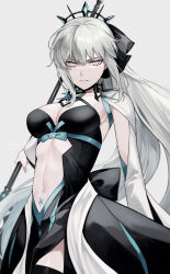 Rule 34 | 1girl, absurdres, black dress, black ribbon, black thighhighs, blue eyes, breasts, cleavage, clothing cutout, commentary request, dress, fate/grand order, fate (series), grey background, grey hair, grin, hair between eyes, hair ribbon, highres, holding, holding staff, holding weapon, long hair, looking at viewer, looking back, medium breasts, morgan le fay (fate), navel, ponytail, pubic tattoo, ribbon, sidelocks, simple background, smile, solo, spikes, staff, stomach, stomach cutout, sumi (gfgf 045), tattoo, thighhighs, two-tone dress, very long hair, weapon, white dress