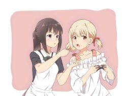 Rule 34 | 2girls, absurdres, alternate hairstyle, apron, black hair, blonde hair, casual, commentary, controller, eating, food, gabrieltenma77, game controller, green ribbon, hair ribbon, highres, holding, holding controller, holding food, holding game controller, inoue takina, looking to the side, lycoris recoil, multiple girls, neck ribbon, nishikigi chisato, off shoulder, ponytail, purple eyes, red eyes, red ribbon, ribbon, shirt, short hair, upper body, white apron, white shirt