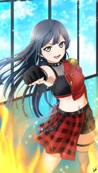 Rule 34 | 1girl, absurdres, asymmetrical legwear, asymmetrical sleeves, belt buckle, black eyes, black gloves, black hair, black legwear, black shorts, black sleeves, blue hair, blush, breasts, buckle, buttons, cleavage, collarbone, crop top, dive! (love live!), earrings, endo yohane, epaulettes, fingerless gloves, fire, gloves, grey eyes, half-skirt, highres, idol clothes, incoming attack, incoming punch, jewelry, long hair, love live!, love live! nijigasaki high school idol club, multicolored hair, navel, one side up, punching, red sleeves, see-through, shorts, single bare shoulder, single sleeve, solo, standing, star (symbol), star earrings, streaked hair, thigh strap, uneven legwear, uneven sleeves, yuki setsuna (love live!)