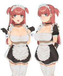 Rule 34 | 1girl, 2l (2lsize), apron, black gloves, blush, breasts, choker, closed mouth, commentary request, dress, frilled dress, frills, garter straps, gloves, grey eyes, half gloves, highres, large breasts, long hair, maid, maid headdress, multiple views, open mouth, original, puffy short sleeves, puffy sleeves, red hair, short sleeves, siblings, simple background, sisters, standing, thighhighs, waist apron, white apron, white background, white thighhighs, wrist cuffs
