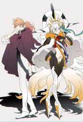 Rule 34 | 1boy, 1girl, ascot, black cape, black gloves, blonde hair, brown cloak, cape, cloak, closed mouth, commentary request, detached collar, fate/grand order, fate (series), full body, fur-trimmed cape, fur trim, gloves, goetia (fate), gradient hair, grey background, hair between eyes, hair ornament, hand on own hip, hand on own chest, hood, hood down, hooded cloak, horns, kukura, long hair, looking at viewer, multicolored hair, navel, olga marie animusphere, orange hair, pants, ponytail, profile, red ascot, romani archaman, shadow, simple background, single horn, stomach, two-tone hair, u-olga marie, very long hair, white hair, white pants, yellow eyes, yellow horns