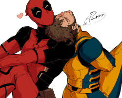 2boys back beard belt bodysuit closed_eyes closed_mouth commentary crossed_arms deadpool deadpool_&amp;_wolverine deadpool_(series) english_commentary facial_hair gloves head_on_another&#039;s_shoulder head_tilt heart highres hiki0ta male_focus marvel marvel_cinematic_universe mask mixed-language_commentary multiple_boys muscular muscular_male purring red_bodysuit red_mask short_hair sitting speech_bubble two-tone_bodysuit white_background wolverine_(x-men) x-men yaoi yellow_bodysuit