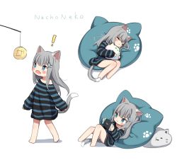 Rule 34 | + +, 1girl, :3, = =, amashiro natsuki, animal ears, barefoot, blue eyes, blush stickers, bread, cat-shaped pillow, cat ears, cat girl, cat hair ornament, cat tail, character name, closed eyes, closed mouth, commentary request, fang, food, grey hair, hair ornament, hairclip, highres, holding, hugging object, long hair, long sleeves, lying, melon bread, multiple views, nachoneko, nintendo switch, off shoulder, on side, open mouth, original, oversized clothes, oversized shirt, pillow, pillow hug, shirt, sleeping, sleeves past wrists, standing, striped clothes, striped shirt, tail