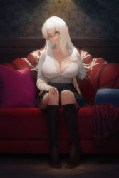 Rule 34 | 1girl, bra, bra peek, breasts, cleavage, cool4noodle, couch, hand on own chest, highres, huge breasts, large breasts, long hair, looking at viewer, no shoes, on couch, original, pillow, pleated skirt, sitting, skirt, smile, socks, solo, underwear, white hair, yellow eyes