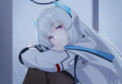 Rule 34 | 1girl, akizawa, black pantyhose, blue archive, closed mouth, feet out of frame, grey hair, halo, jacket, long hair, long sleeves, looking at viewer, mechanical halo, noa (blue archive), pantyhose, purple eyes, shirt, smile, solo, two-sided fabric, two-sided jacket, white jacket, white shirt
