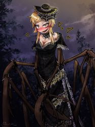 Rule 34 | 1girl, alternate costume, arthropod girl, black choker, black dress, black hat, blonde hair, blush, bug, choker, claws, cliffside, commentary request, cordie (cliffside), dress, earrings, extra arms, gothic lolita, hat, heart, heart-shaped pupils, highres, insect girl, jewelry, lace, lace-trimmed dress, lace trim, lolita fashion, looking at viewer, monster girl, multiple legs, open mouth, pincers, ray-k, sharp teeth, short sleeves, silk, smile, solo, spider, spider girl, spider web, symbol-shaped pupils, teeth, tree, twilight