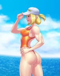Rule 34 | 1girl, ass, ass focus, back cutout, beach, blonde hair, blue eyes, blue sky, breasts, capcom, clothing cutout, curvy, final fight, final fight 3, hand on own hip, hat, highres, huge ass, jiggeh, lucia morgan, medium breasts, ocean, one-piece swimsuit, ponytail, shiny skin, sky, smile, solo, standing, street fighter, street fighter v, swimsuit, thick thighs, thighs, toned, wide hips