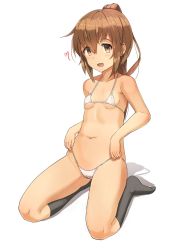 Rule 34 | 10s, 1girl, adjusting clothes, adjusting swimsuit, bad id, bad pixiv id, bikini, black socks, breasts, brown eyes, brown hair, collarbone, commentary request, full body, fumizuki (kancolle), hair between eyes, heart, highres, kantai collection, kneehighs, long hair, looking at viewer, navel, open mouth, osananajimi neko, ponytail, seiza, shadow, simple background, sitting, small breasts, socks, solo, stomach, swimsuit, white background, white bikini