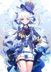 Rule 34 | ahoge, black gloves, blue bow, blue eyes, blue hair, bow, coat, furina (genshin impact), genshin impact, gloves, hand on own chin, hat, heterochromia, highres, jewelry, kodona, lolita fashion, long hair, looking at viewer, mismatched pupils, multicolored hair, shorts, sleeve cuffs, smile, stroking own chin, stynl f, thigh strap, top hat, water, water drop, white background, white gloves, white hair