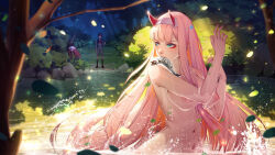 Rule 34 | 1boy, 1girl, absurdres, alternate breast size, baschyf, blurry, breasts, completely nude, darling in the franxx, depth of field, eyeliner, fish, fish in mouth, forest, green eyes, hairband, hands up, highres, hiro (darling in the franxx), horns, large breasts, long hair, nature, navel, nipples, nude, outdoors, partially submerged, pink hair, pond, red eyeliner, red horns, tree, unworn clothes, very long hair, water, wet, white hairband, zero two (darling in the franxx)