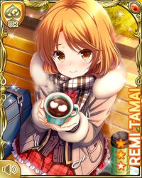 Rule 34 | 1girl, bench, bow, bowtie, brown coat, brown eyes, brown hair, card (medium), closed mouth, coat, cup, day, girlfriend (kari), grey bow, grey bowtie, hot chocolate, looking at viewer, low twintails, mug, official art, outdoors, plaid, plaid skirt, pleated skirt, qp:flapper, red bow, red skirt, scarf, school uniform, shirt, sitting, skirt, smile, socks, solo, tagme, tamai remi, twintails, white shirt, winter clothes, winter coat