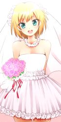 Rule 34 | 1girl, :d, aqua eyes, blonde hair, blush, bouquet, bridal veil, commentary request, dr rex, dress, flower, holding, holding bouquet, looking at viewer, miyamori aoi, open mouth, pink flower, red ribbon, ribbon, round teeth, shirobako, short hair, smile, solo, strapless, strapless dress, teeth, upper teeth only, veil, wedding dress, white dress