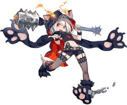 Rule 34 | 1girl, animal ears, animal hood, ark order, artist request, belt, black cape, black footwear, black scarf, black shirt, black shorts, cape, cerberus (ark order), chain, club (weapon), cuffs, dog ears, fake animal ears, fire, fur-trimmed footwear, fur trim, garter straps, holding, holding weapon, hood, hood up, hooded cape, looking at viewer, official art, paw shoes, pawpads, red eyes, scarf, shackles, shirt, shoes, short hair, shorts, skull, solo, spiked belt, tachi-e, thighhighs, transparent background, weapon, white hair, wrist cuffs