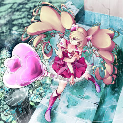 Rule 34 | 00s, 1girl, blonde hair, boots, bow, choker, cure peach, dress, fresh precure!, frills, full body, hair ornament, hairpin, hamuhamu, heart, heart hair ornament, knee boots, lace, long hair, magical girl, md5 mismatch, momozono love, pink bow, pink footwear, precure, puffy sleeves, red eyes, smile, solo, twintails, wand, water, wrist cuffs
