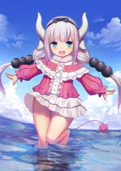 Rule 34 | 10s, 1girl, :d, bad id, bad pixiv id, barefoot, beads, blue eyes, blush, capelet, center frills, chromatic aberration, cloud, day, dragon girl, dragon horns, dragon tail, frills, full body, hair beads, hair ornament, horns, kanna kamui, kobayashi-san chi no maidragon, leg up, light purple hair, long sleeves, looking at viewer, low twintails, open mouth, outdoors, outstretched arms, partially submerged, reflection, sannye, shirt, skirt, sky, smile, solo, spread arms, standing, standing on one leg, tail, twintails, wading, water, white skirt