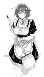 Rule 34 | 1girl, ?, aketa mikoto, alternate costume, bad id, bad twitter id, cropped legs, dress, enmaided, expressionless, gradient hair, greyscale, highres, holding, holding mop, idolmaster, idolmaster shiny colors, indinu, looking at viewer, maid, maid headdress, monochrome, mop, multicolored hair, petticoat, pinafore dress, puffy short sleeves, puffy sleeves, short sleeves, simple background, sleeveless dress, solo, thighhighs