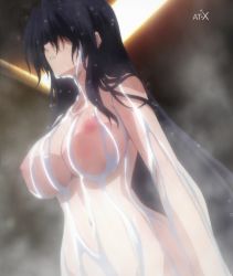Rule 34 | 10s, 1girl, black hair, breasts, female focus, high school dxd, highres, himejima akeno, large breasts, long hair, nipples, shower, solo, stitched, third-party edit, water