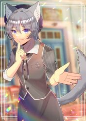 Rule 34 | animal ear fluff, animal ears, beret, black hat, black skirt, blue eyes, blurry, blurry background, bolo tie, brown vest, closed mouth, collared shirt, commentary request, depth of field, grey hair, grey shirt, hair between eyes, hat, indie virtual youtuber, kou hiyoyo, looking at viewer, ruiya nel, shirt, short sleeves, skirt, smile, solo, striped clothes, striped shirt, tail, vertical-striped clothes, vertical-striped shirt, vest, virtual youtuber