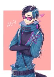 Rule 34 | 1boy, alternate color, belt, black hair, blue hair, braid, creatures (company), crossed arms, game freak, gen 4 pokemon, glasses, kasuka108, long hair, long sleeves, looking at viewer, male focus, multicolored hair, nintendo, personification, pink background, pokedex number, pokemon, popped collar, red eyes, shiny pokemon, simple background, smile, smirk, solo, standing, two-tone hair, yanmega