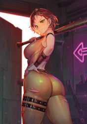 Rule 34 | 1girl, absurdres, ass, bare shoulders, baseball bat, belt, breasts, brown hair, cait (fallout 4), fallout (series), fallout 4, green eyes, highres, holding, holding weapon, large breasts, looking at viewer, looking back, nail, over shoulder, pants, short hair, skin tight, suerte, taut clothes, thigh strap, thighs, torn clothes, vest, weapon, weapon over shoulder