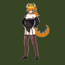Rule 34 | 1girl, black footwear, black leotard, blonde hair, blue eyes, bowsette, bracelet, breasts, bridal gauntlets, brooch, cleavage, collar, covered navel, earrings, fang, full body, garter belt, hair between eyes, hands on own hips, high heels, hip focus, horns, jewelry, large breasts, leotard, long hair, looking at viewer, mario (series), mashiro goshikku, new super mario bros. u deluxe, nintendo, open mouth, pixel art, pointy ears, ponytail, shiny clothes, shiny skin, short hair, sidelocks, smile, solo, spiked bracelet, spiked collar, spiked shell, spiked tail, spikes, standing, strapless, strapless leotard, super crown, tail, thighhighs, thighs