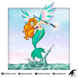 Rule 34 | long hair, mermaid, monster girl, ocean, original, sky, staff, water, wings