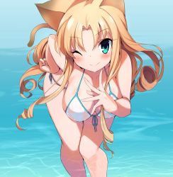 Rule 34 | 1girl, ;), absurdres, animal ears, aqua eyes, armadillon, bent over, bikini, blonde hair, blush, breasts, closed mouth, collarbone, copyright request, day, front-tie bikini top, front-tie top, hand on own hip, highres, large breasts, looking at viewer, one eye closed, outdoors, see-through, side-tie bikini bottom, sidelocks, smile, solo, swimsuit, wading, wet, wet clothes, wet swimsuit, white bikini