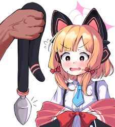 Rule 34 | 1girl, anal tail, animal ear headphones, animal ears, blonde hair, blue archive, blue necktie, blush, bow, butt plug, buttons, cat ear headphones, collared shirt, eyebrows, fake animal ears, fake tail, female focus, hair bow, halo, headphones, jacket, long sleeves, momoi (blue archive), necktie, open mouth, pink bow, pink eyes, sangwook kim (pixiv 18393994), shirt, suspenders, sweat, tail, white shirt