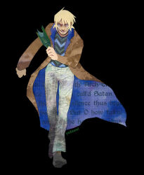 Rule 34 | 1boy, ahoge, artist name, asuka ryou, black background, black footwear, blonde hair, blue coat, blue collar, blue eyes, bottle, broken bottle, brown coat, brown sleeves, buttons, clenched hand, coat, coattails, collar, collared coat, commentary, denim, devilman, english commentary, full body, furrowed brow, glass bottle, green sweater, grin, holding, holding bottle, jeans, long sleeves, looking at viewer, male focus, open clothes, open coat, pants, pocket, shaded face, shoes, short hair, simple background, smile, solo, striped clothes, striped sweater, sweater, sweater vest, two-sided coat, two-sided fabric, v-shaped eyebrows, white pants, yutaan, zig-zag pattern